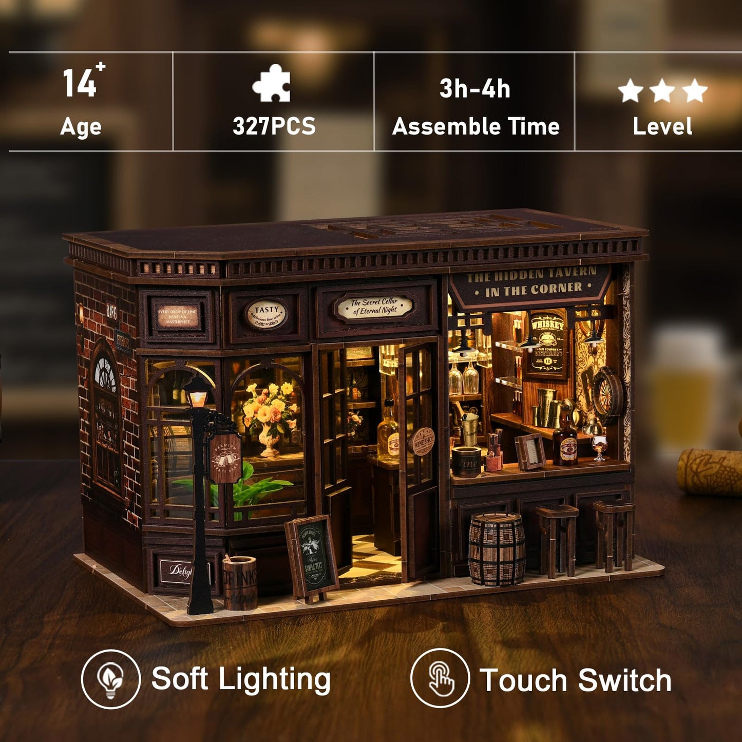 FLTRXCE Corner Tavern Book Nook Kits for Adults - DIY Miniature Doll House Kit with LED Lights, 3D Wooden Puzzles, Teens & Beginners, Unique Gift for Book Nooks Lovers, Bookshelf Decor
