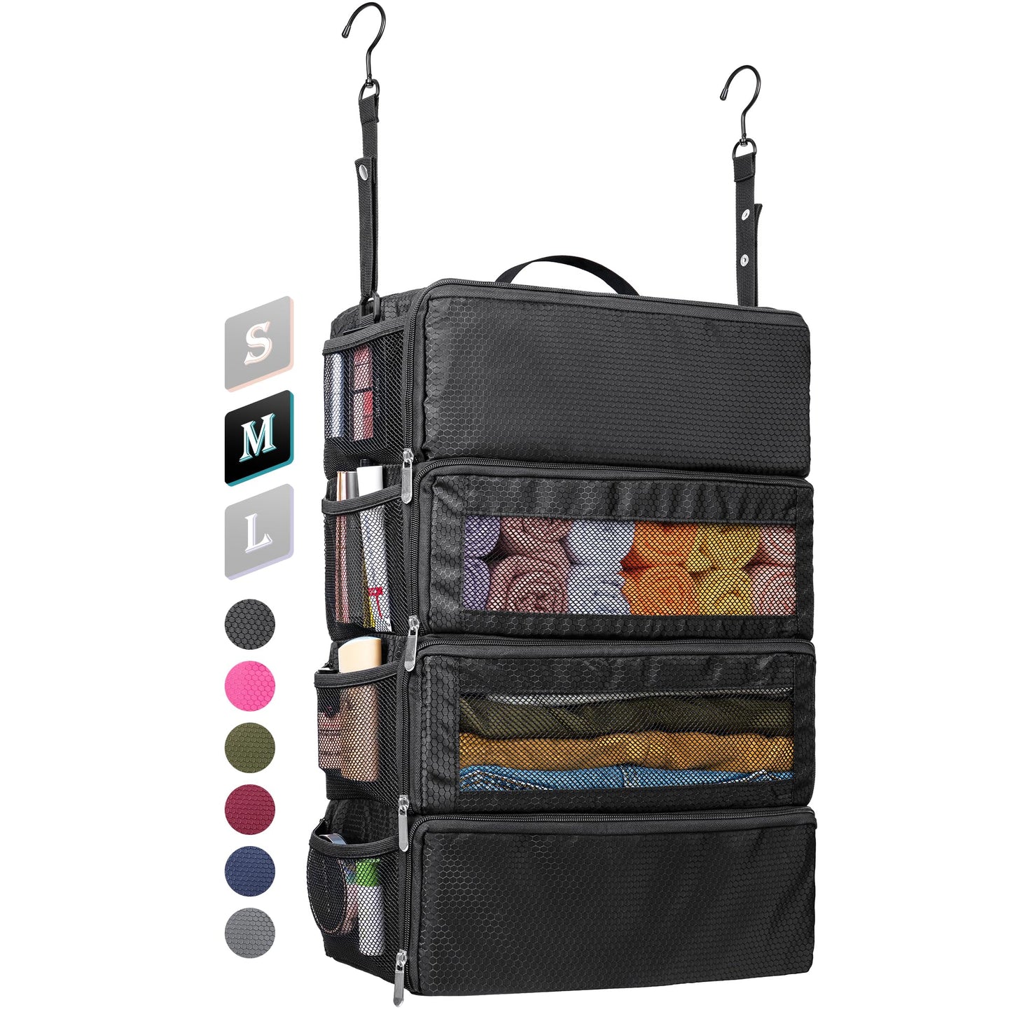 Vokelater Suitcase Organizer - Travel Luggage Organizer with Hanging Shelves & Packing Cubes - Collapsible, Portable, Carry-on, Medium, Black