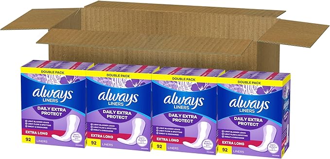 Always Daily Extra Protect Liners, Extra Long Length, Unscented Panty Liners, Feel Clean and Comfortable for up to 10 Hours, 92 Count x 4 Packs (368 Count Total) (Packaging May Vary)