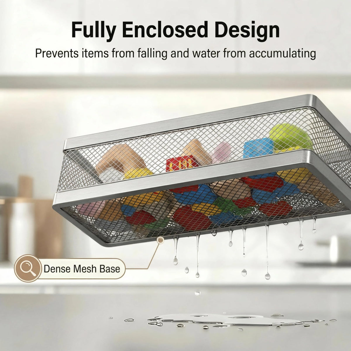 5-in-1 16.5" Extra Long Slim Wall Mount Wrapped Mesh Kitchen Organizer & Shower Caddy Kit, with Paper Towel Holder, Utensil Holder, Soap Dish, Holds 50LBS - Silver Gray, Netting