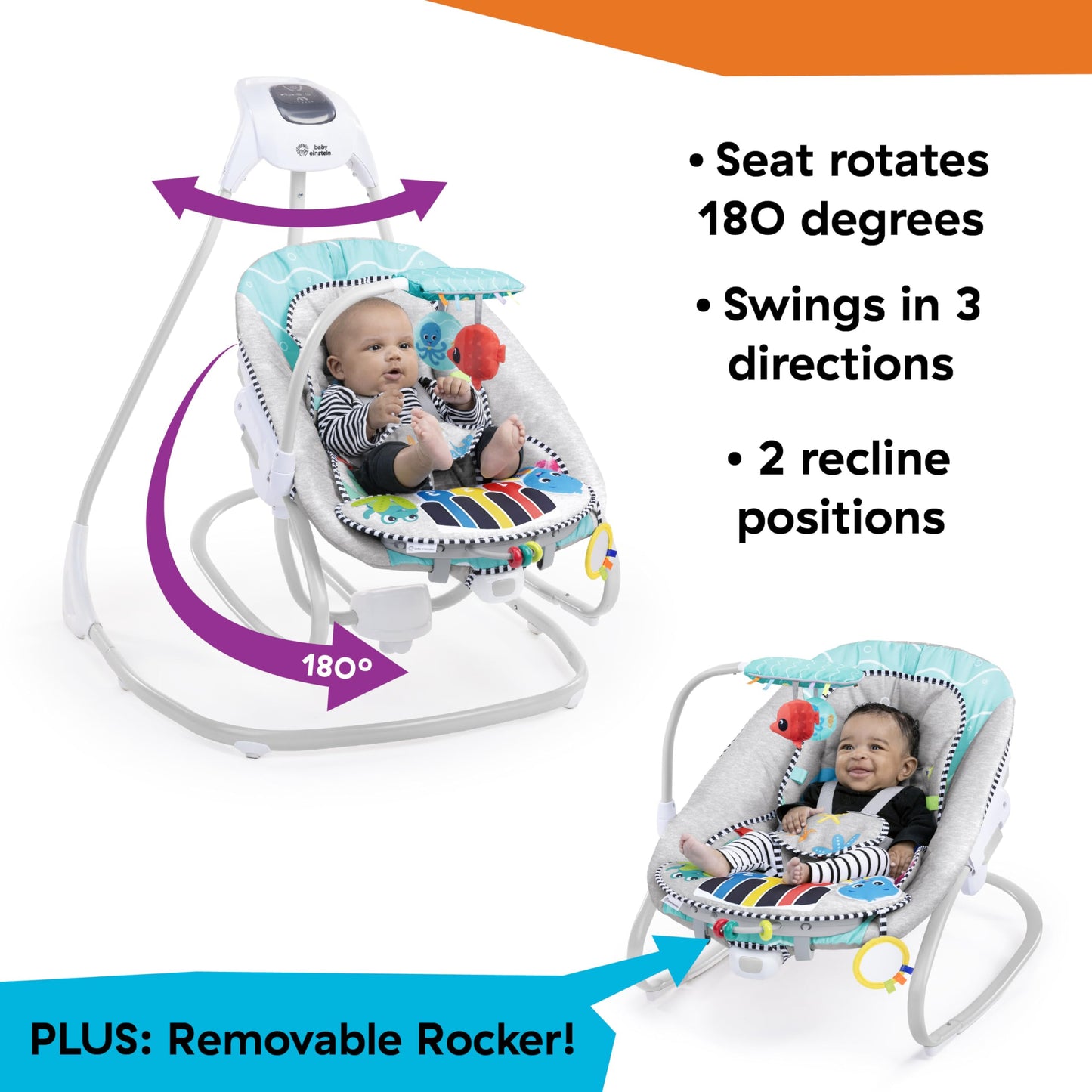 Baby Einstein Explorers Kick to It 4-in-1 Musical Baby Swing & Rocker, with Removable Piano Toy, Ages 0 Months and Up