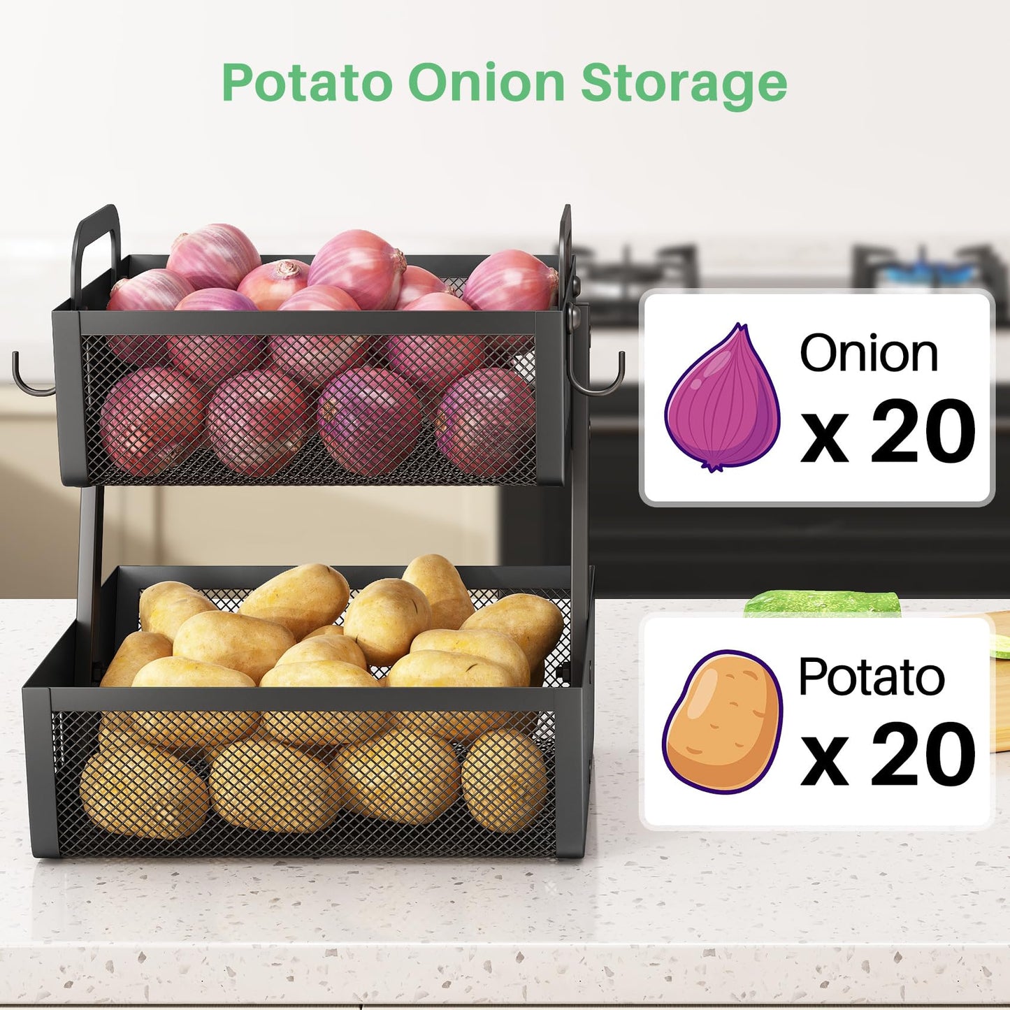 SAYZH Fruit Basket Bowls For Kitchen Counter with Banana Hangers - Detachable Metal Mesh Basket Fruit Stand with Handle - Kitchen Vegetables Bread Snacks Storage Organization, 2 Tier Black