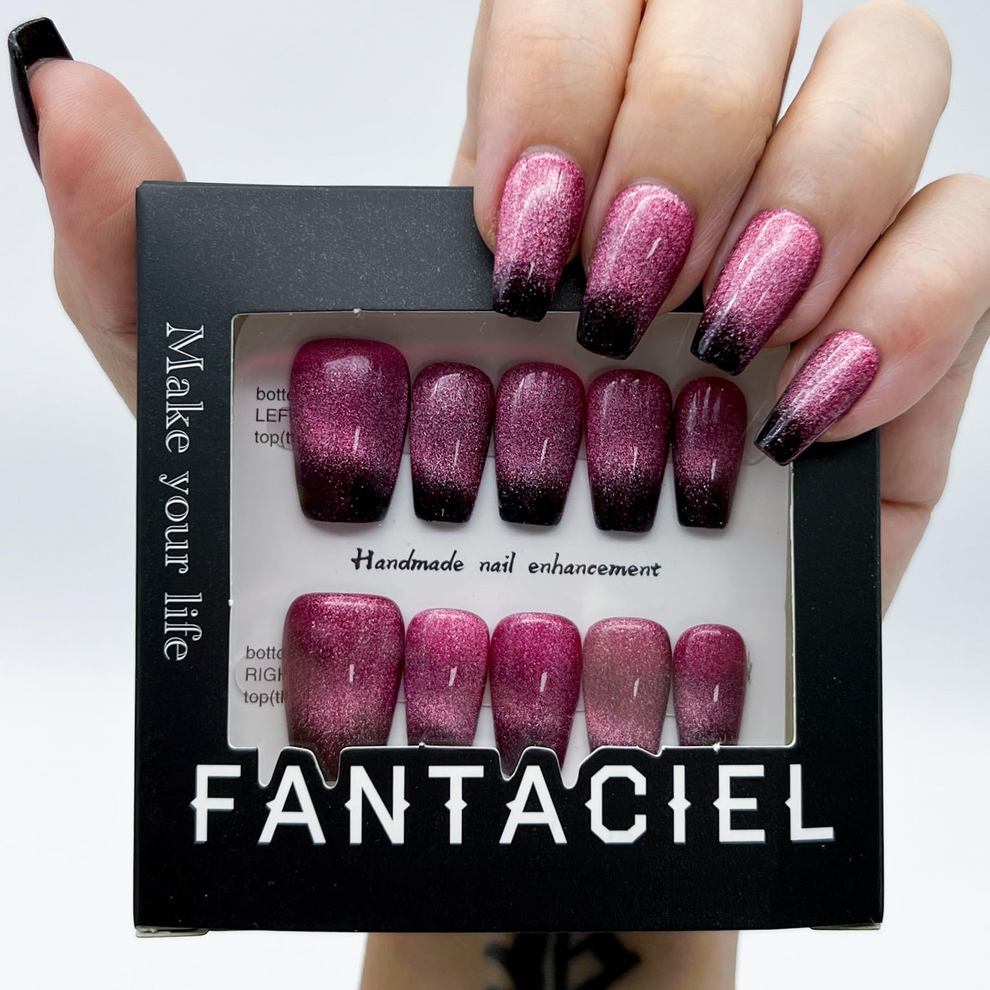 FANTACIEL 10 PCS Handemade Press On Nails Cat Eye Design Acrylic Nails Reusable Short Coffin Fake Nails Gradient Pink 6 M