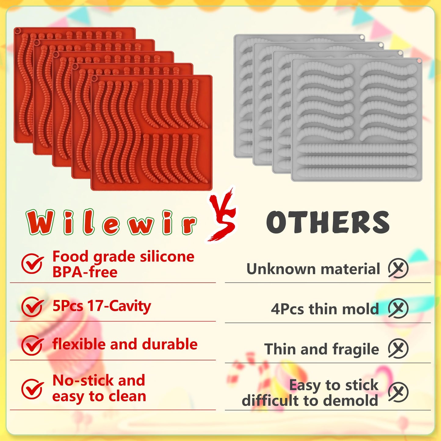 Wilewir 7Pcs Gummy Worm Molds Silicone for Gummies Candy, Worm Gummy Candy Chocolate Molds Silicone for Candy