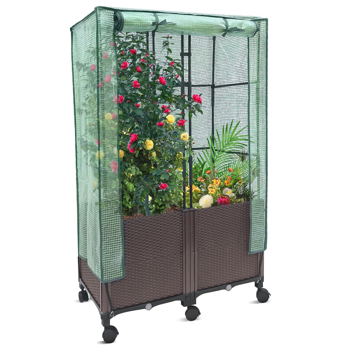 MAYOLIAH 3-in-1 Raised Garden Bed Large Planter Box with Trellis & Cover on Wheels Plastic Tomato Planter with Greenhouse for Deep Rooted & Climbing Plants 31.5x15.7x53-inch Brown