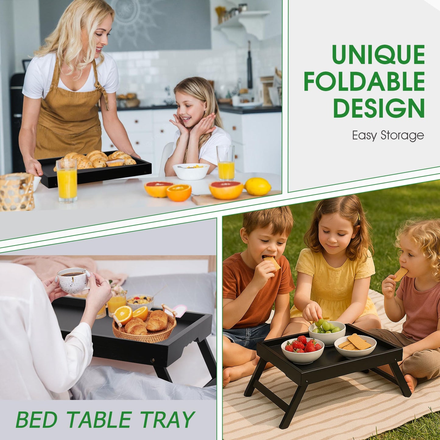 Asuthzon Bamboo Bed Tray Table with Foldable Legs, Breakfast in Bed Tray for Kitchen Serving Tray, Eating, Working, Drawing Tray (2 Pack, Black)