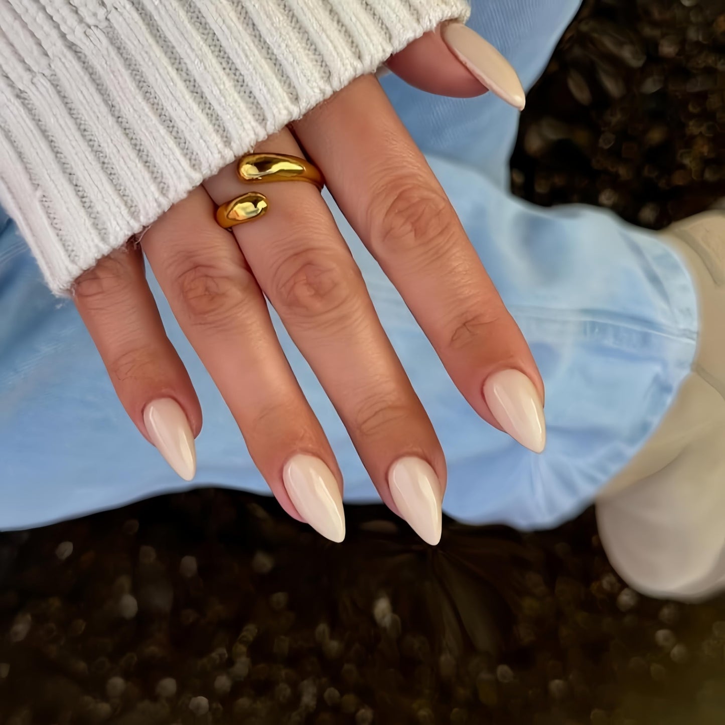 KQueenest Beige White Press on Nails Short Almond, 30 Pcs Thick Fake Nails Short Stiletto, Solid Color Acrylic Nails Press on, Natural Almond Nails Glue on, Reusable Stick on Nails For Women