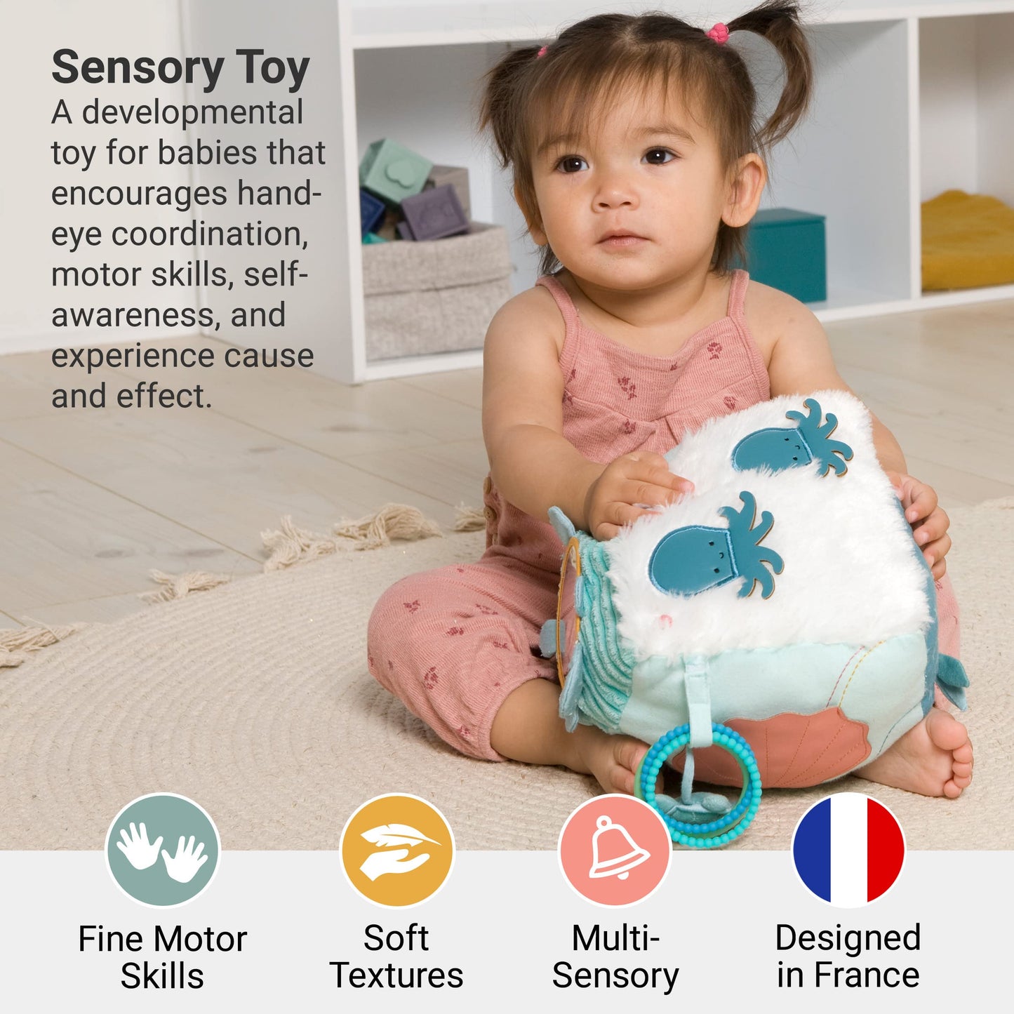 Little Big Friends Multi-Texture Soft Activity Cube for Fine Motor Skills and Cognitive Growth | Montessori Developmental Toy | Sensory Play Cube | Ocean