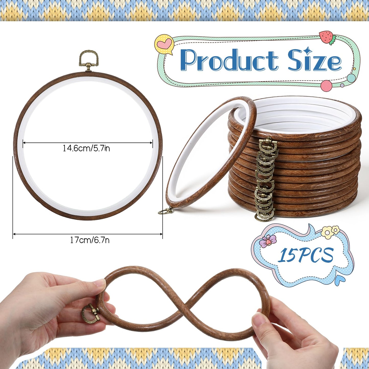 Yuanan 15 PCS 6 Inch Embroidery Hoops Frame, Round Imitated Wood Cross Stitch Frame Rubber Display Frames Circle Decorative Embroiderys Hoop for DIY Art Craft Sewing Hanging Spring Ornaments