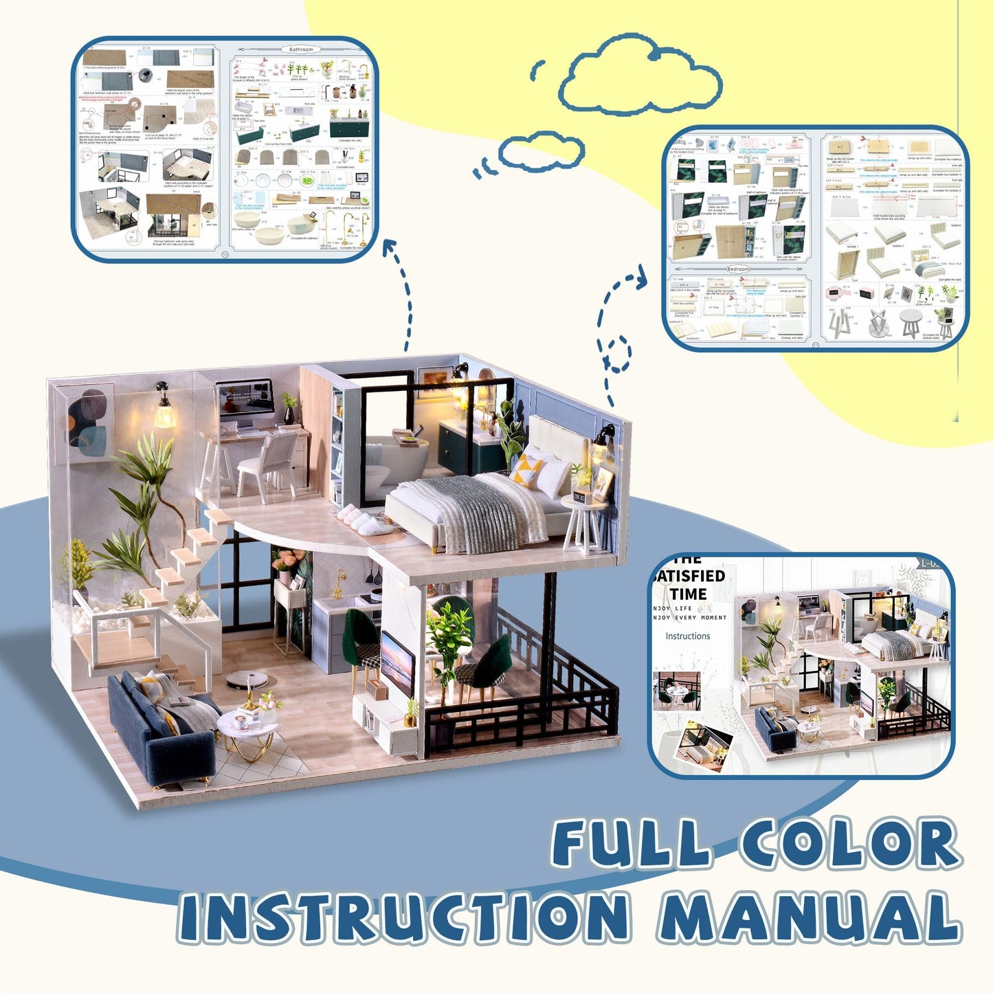 Flever Wooden DIY House Kit, Miniature with Furniture, Creative Craft Gift for Lovers and Friends (Satisfied Time)