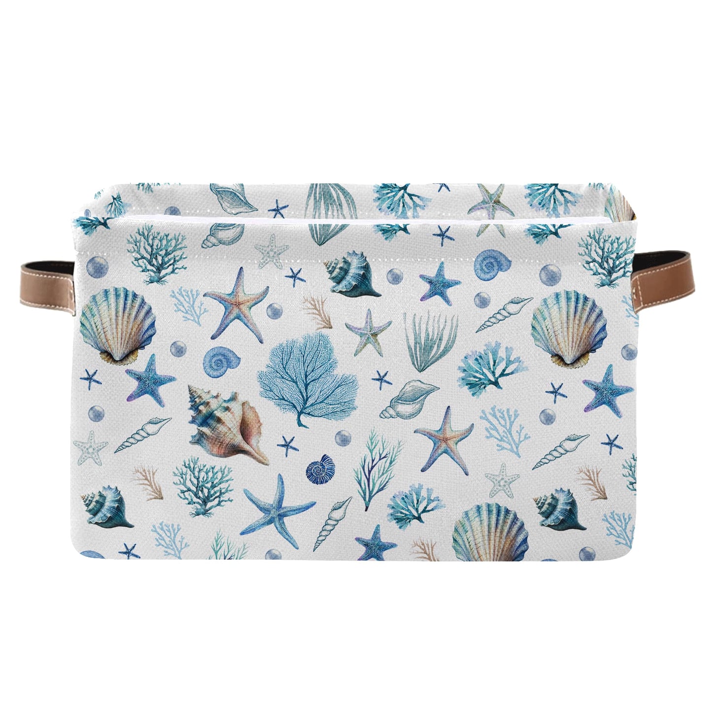 JOPJOLIW Sea Shells Starfish Rectangle Storage Basket - Ocean Themed Collection Collapsible Storage Baskets with Handles - Ocean Conch Pattern Storages Bin for Kids Clothes, Gifts, Books, Toys