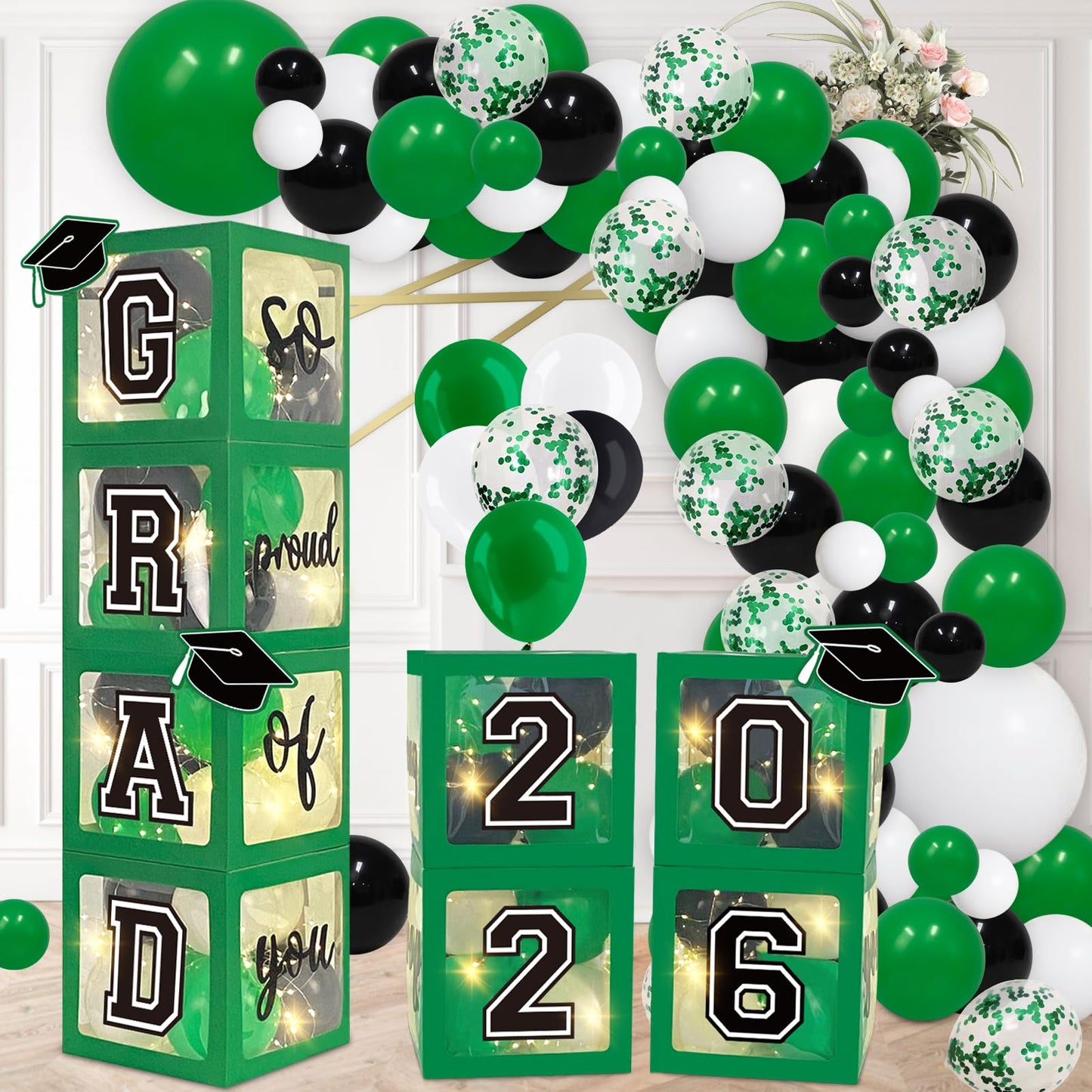 DAZONGE Graduation Decorations 2026, Set of 4 Green Graduation Boxes with 139pcs Balloon Arch Garland Kit & 4 String Lights - So Proud of You Class of 2026 Decorations
