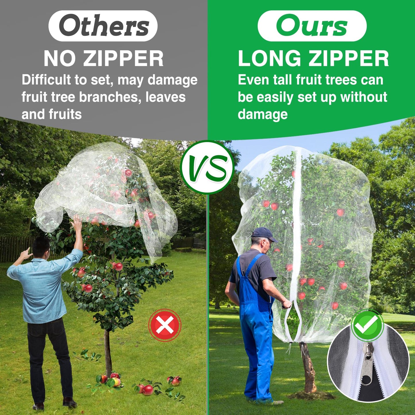 Easy Installation Fruit Tree Netting with Zipper & Drawstring - 6.2x6.2ft Ultra Fine Mesh Garden Protection Screen to Protect Pear Peach Apple from Bird Insect Bug Cicada Deer Squirrel