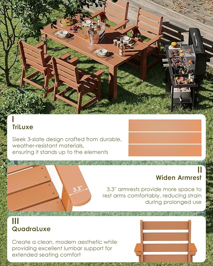 GREENVINES 7-Piece Outdoor Dining Set | HDPE | Patio Table and Chairs Sets for 6 | Patio Furniture | All Weather | Umbrella Hole | Teak | for Backyard Poolside Garden