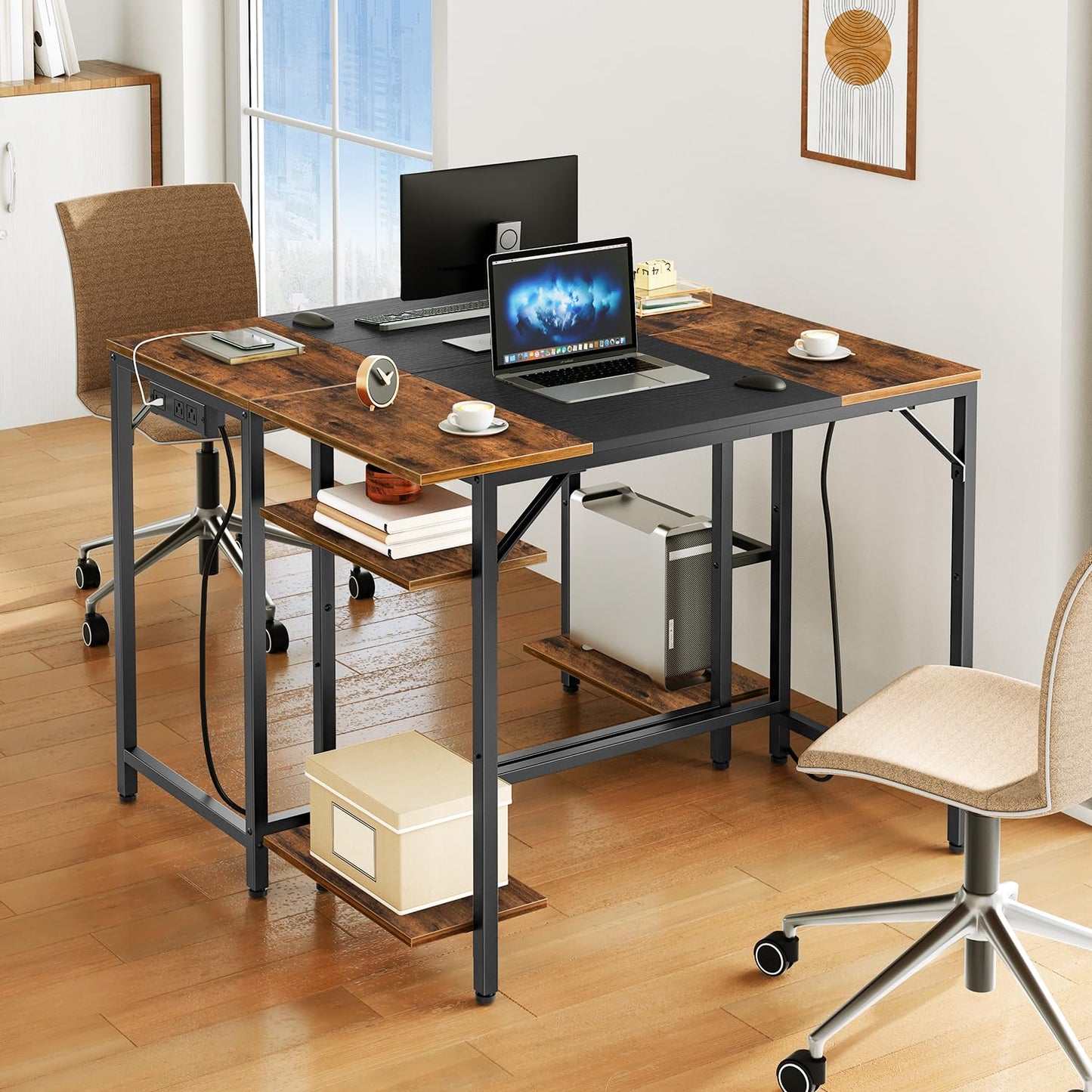 HOOBRO Computer Desk, Home Office Desk with Power Outlet, Writing Desk with 2 Shelves, Modern Small Desk for Home Office, Study, Easy to Assemble, Rustic Brown and Black BF43UDN01