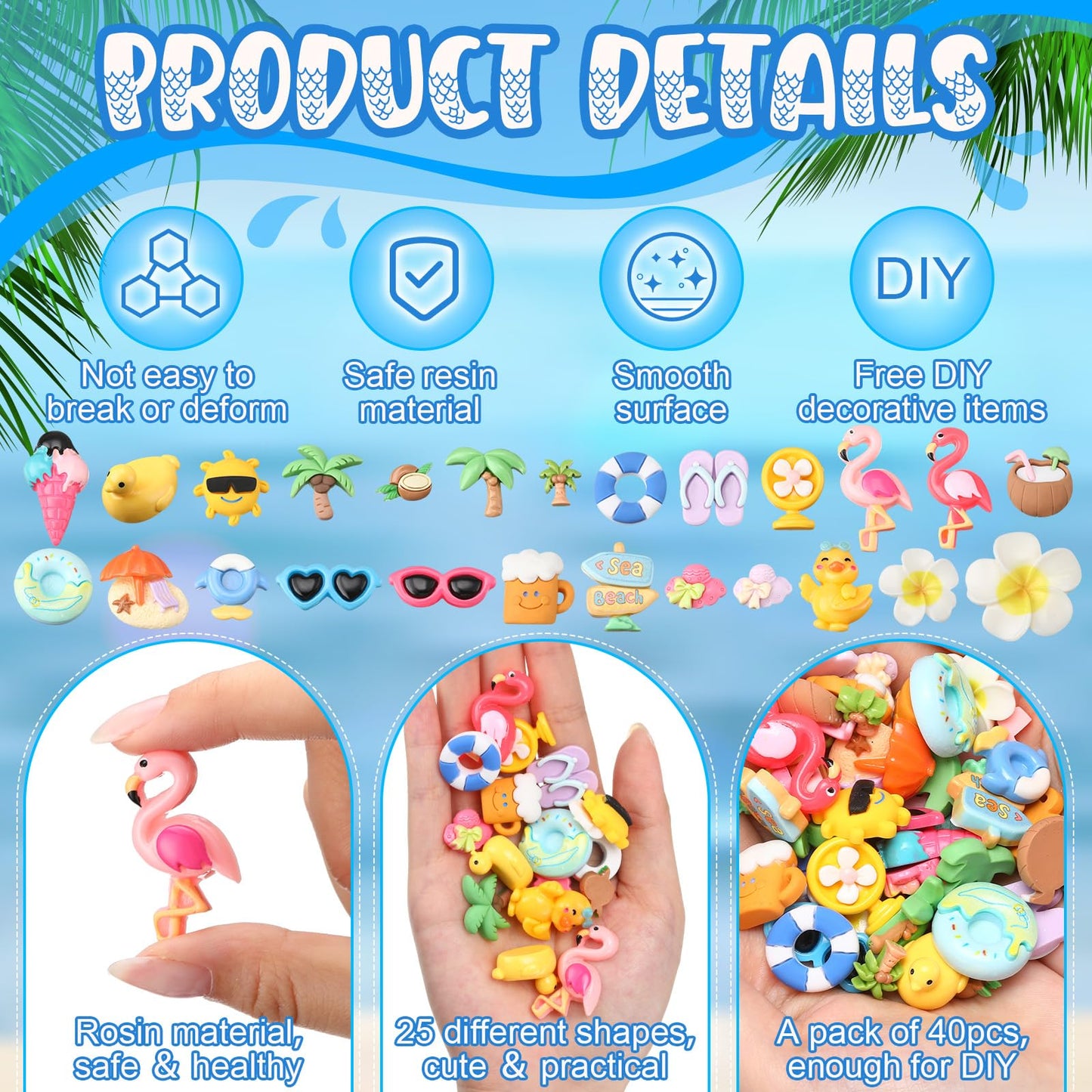 Giegxin 40 Pcs Summer Resin Charm Hawaii Beach Coconut Flamingo Plumeria Flower Flatback Cabochon Accessories Cute Embellishments Bulk for Jewelry Cellphone Case Scrapbooking Headband DIY Craft Making