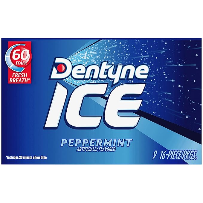 Dentyne Ice Peppermint Sugar-Free Chewing Gum, 9 Packs of 16 Pieces (144 Total Pieces)
