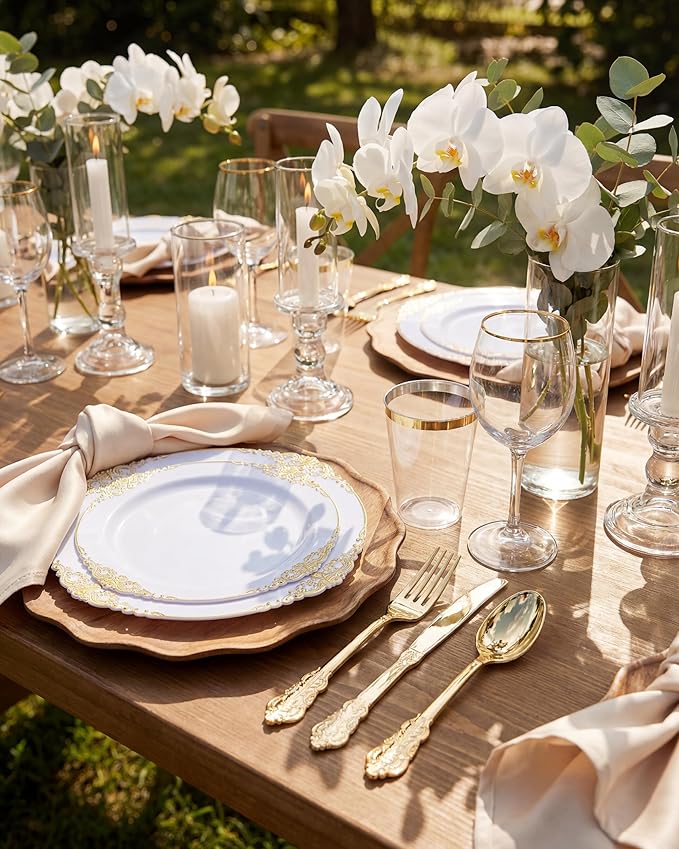 Nervure 100Pcs White and Gold Plastic Plates - 7.5inch Gold Disposable Plates - Heavyweight Plastic Dessert Plate for Wedding & Party