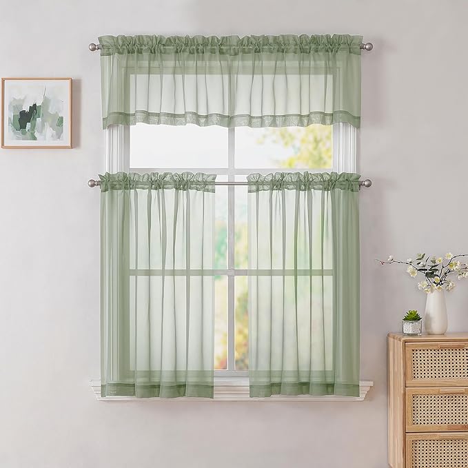 Simplebrand Sage Green Valances 14 Inches Long for Living Room Pocket 2 Panel Light Filtering Sheer Translucent Valence Toppers for Window Kitchen Bathroom Bedroom 42x14 Inch Length
