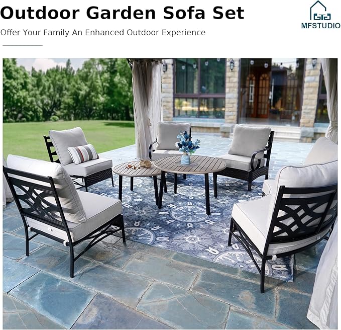 MFSTUDIO Patio Furniture Set, 6 Seats Half-Moon Curved Outdoor Sectional Sofa Conversation Set with 2 Wood-Like Round Table, Woven Rattan Patio Couch for Backyard, Garden, Deck