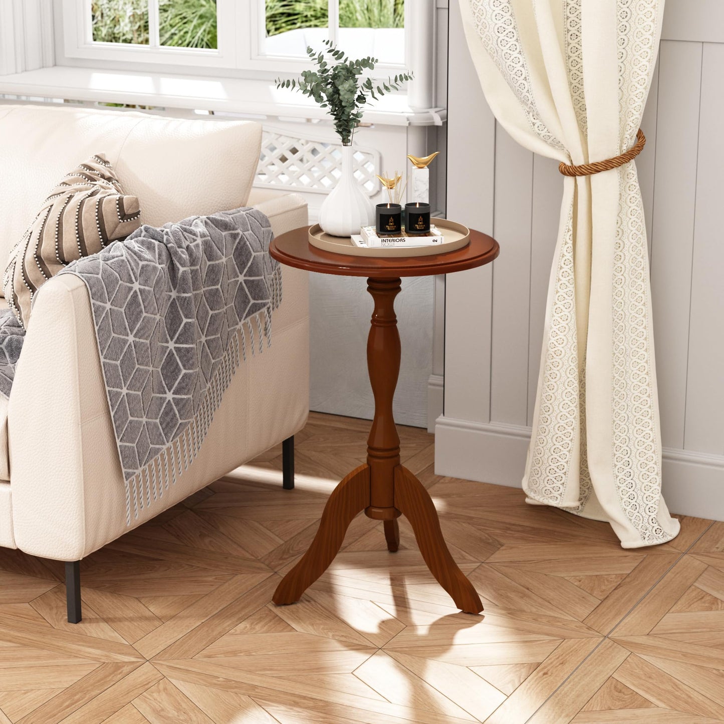 HLR Round Small End Table, Wooden Pedestal Side Coffee Tables, Vintage Accent Nightstand for Living Room, Bedroom, Entryway (1, Walnut)