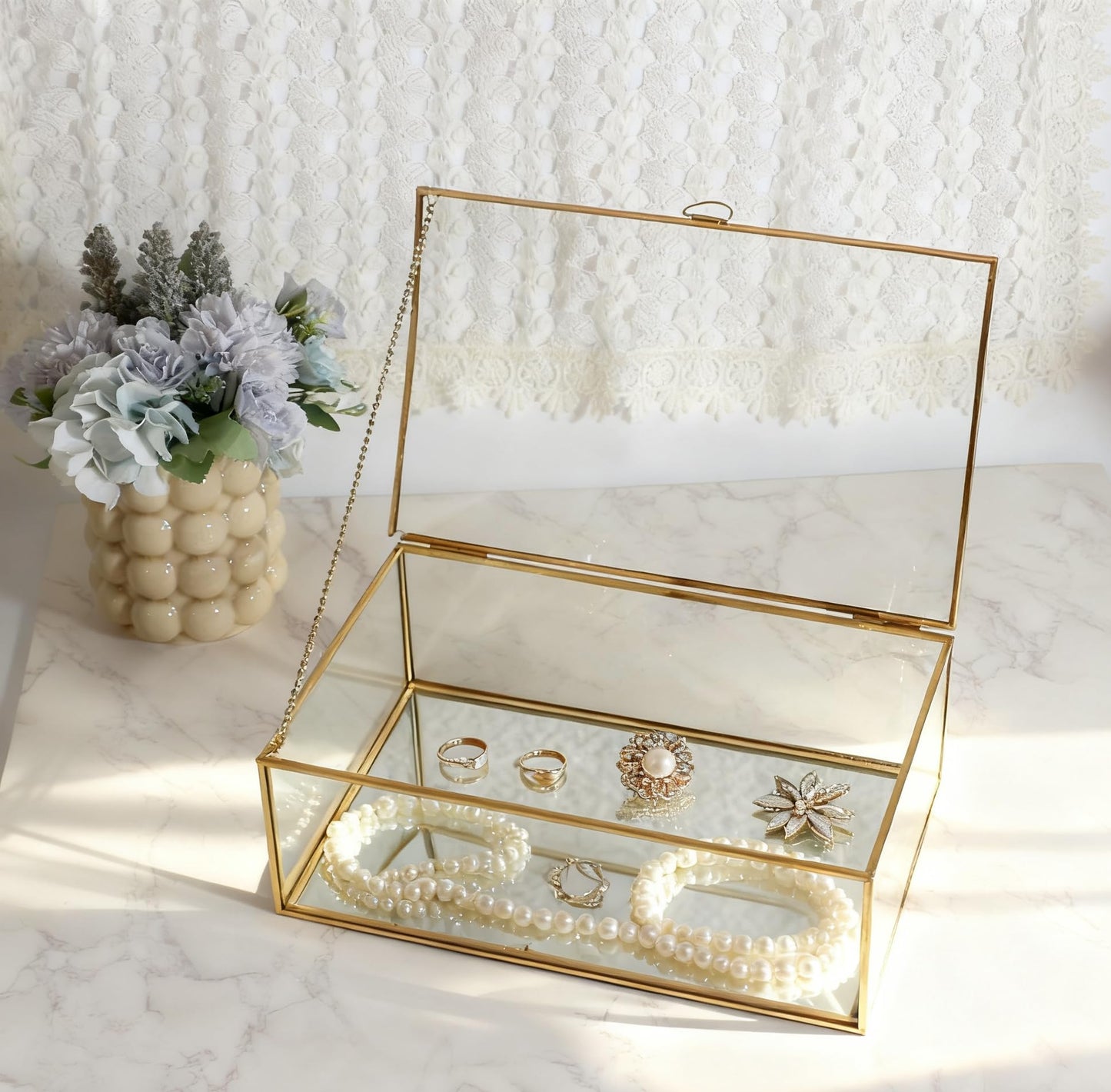 Feyarl Gold Glass Wedding Cards Display Box Keepsake Memory Photo Box Jewelry Trinket Rings Earrings Organizer Display Makeup Holder for Home Decor Wedding Engagement (10.8 x 7 x 3.9inch)