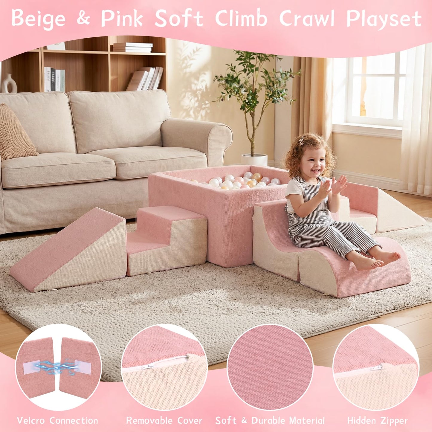 STAOLENE Soft Foam Climbing Blocks with Ball Pit, 6PCS Beige & Pink Indoor Climbing Toys for Toddler, Climb and Crawl Activity Play Set, Play Gym for Child Development (Balls not Included)
