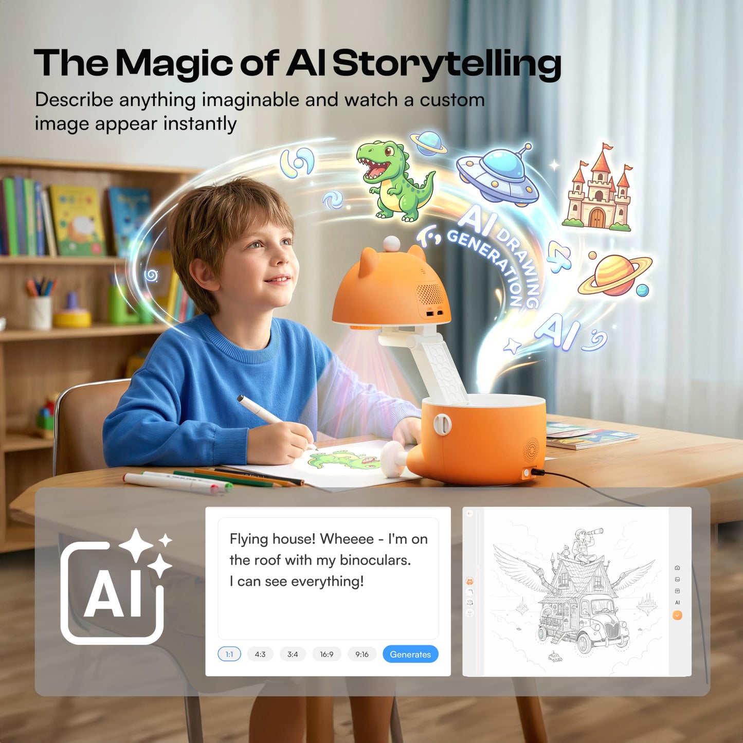 Caydo 3-in-1 AI Drawing Projector for Kids, SGS Certified Eye Protection, T3 Kids Art Projector from Basics Tracing to Step-by-Step Drawing and AI Creative Studio, Birthday Gift for Kids Ages 5-12