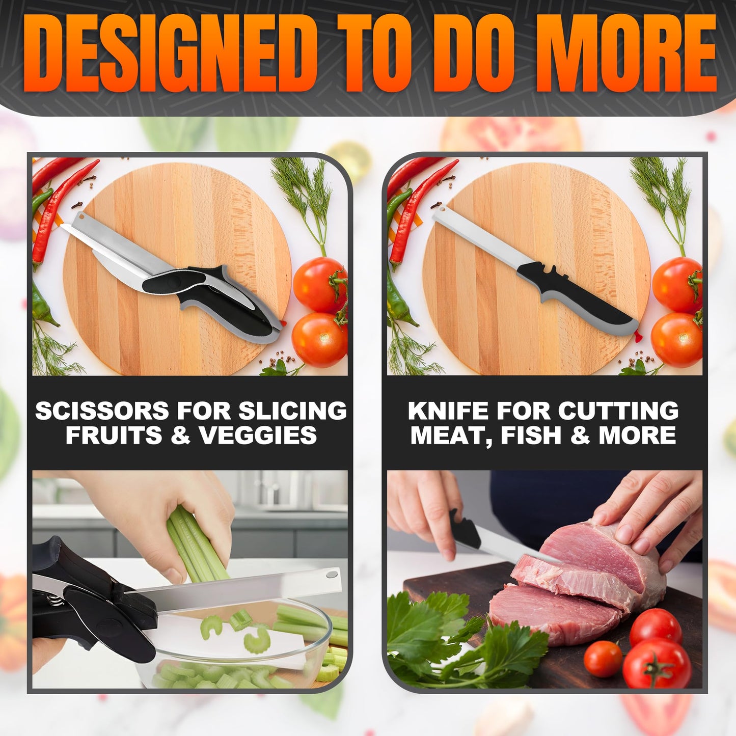 2 in 1 Cutting Board Scissors for Food - 9.6" Detachable Cheese Scissors with Cutting Board and Stainless Steel Blade - Easy-to-Use Veggie Cutter with Safety Lock, Suitable for Fruits and Vegetables