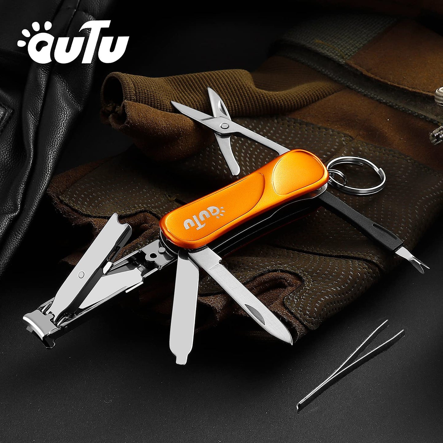 OUTU Keychain Nail Clippers Multitool, 7 in 1 EDC Utility Tool with Nail Clipper, Scissors, Gifts for Him Men Husband Dad Boyfriend (Orange)
