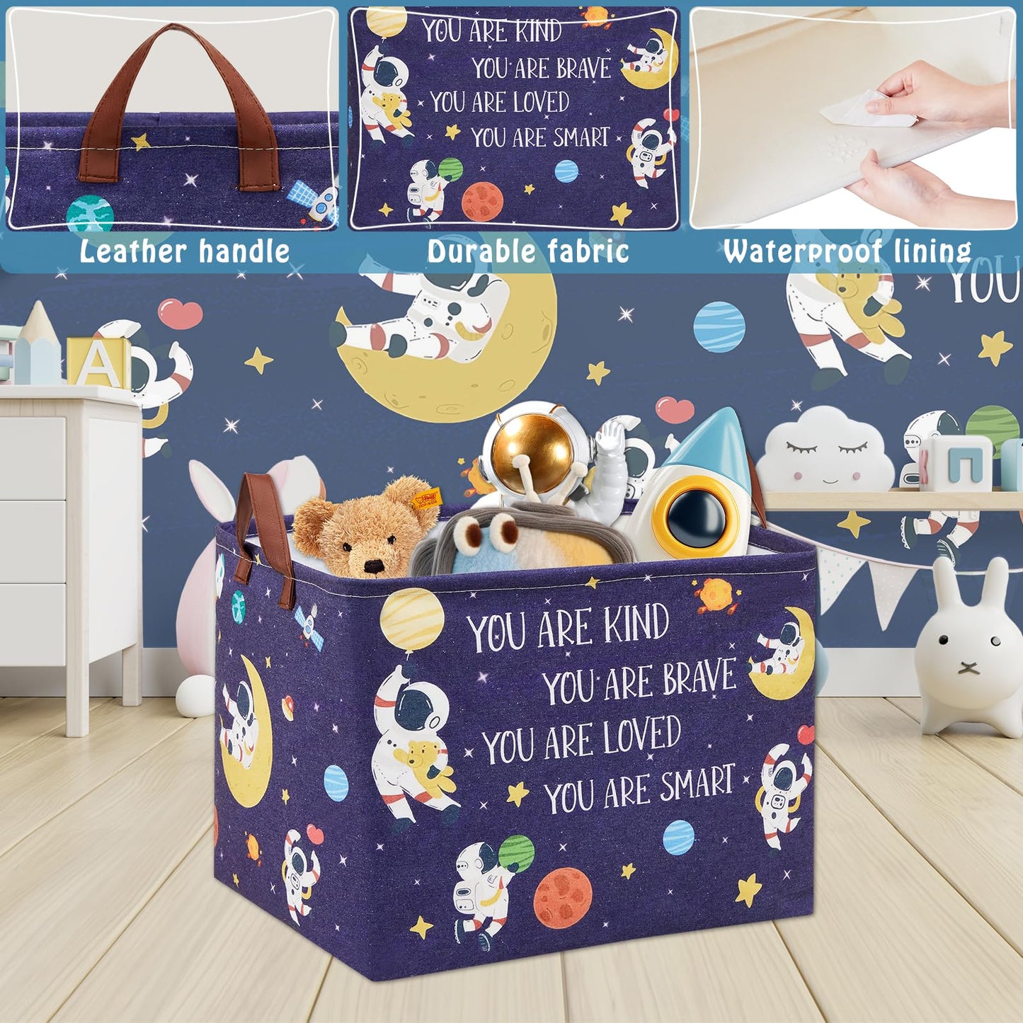 XHWZOF Space Room Decor Kid Storage Box,Boys Astronaut Planets Stars Organizer Toy Box Bin, Galaxy Spaceman Outer Space Blue Laundry Hamper for Baby Bedroom Classroom Nursery