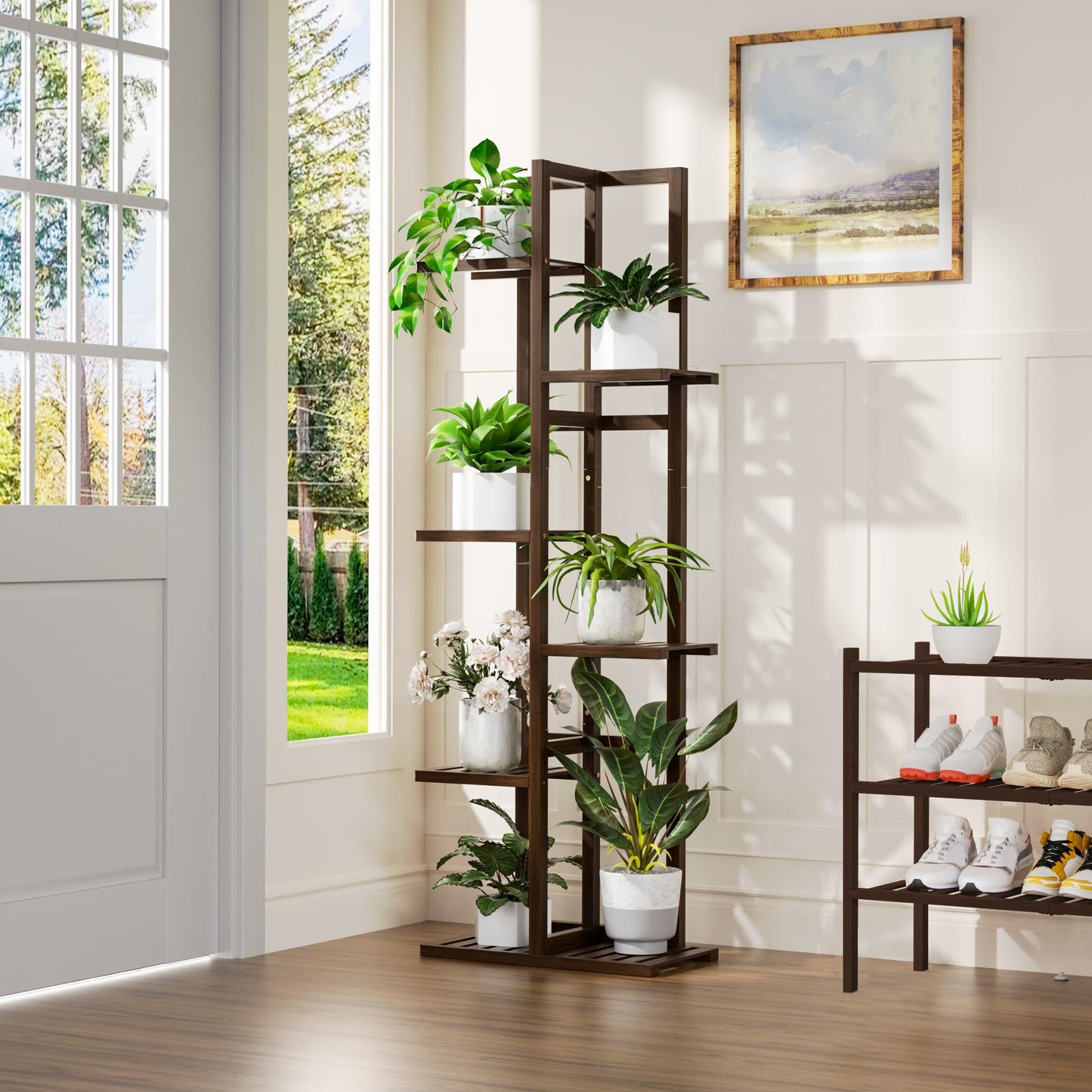 ROMGUAR CRAFT 6 Tier Bamboo Plant Stand Indoor, Wood Tall Flower Holder Corner Tiered Plant Shelf for Multiple Plants (Brown)