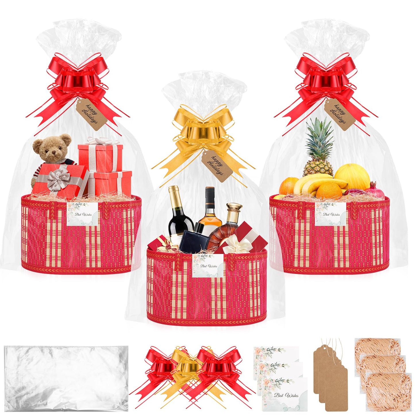 SelfTek 3 Pack Baskets for Gifts Empty, Woven Bamboo G-ift Basket Kit with Wrap Bags, Gift Card, Raffia and Pull Bows, Gifts Baskets for Birthday, Wedding, 30 x 20 x 15 cm-Red