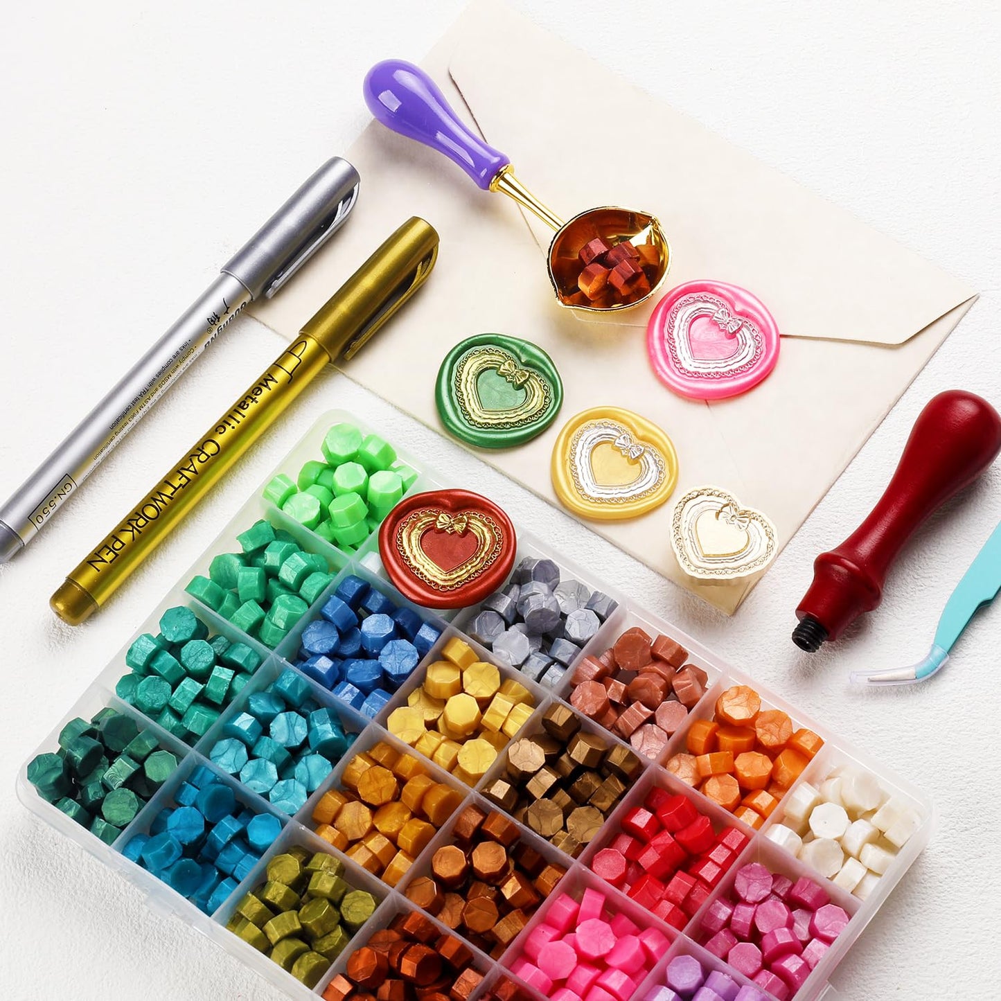 Wax Seal Stamp Kit - 24 Colors, 1pcs 3D Frame Stamp & 624 Pcs Stamp Beads, Electric Sealing Wax Warmer, Metallic Pen Decoration Setr (24, K)