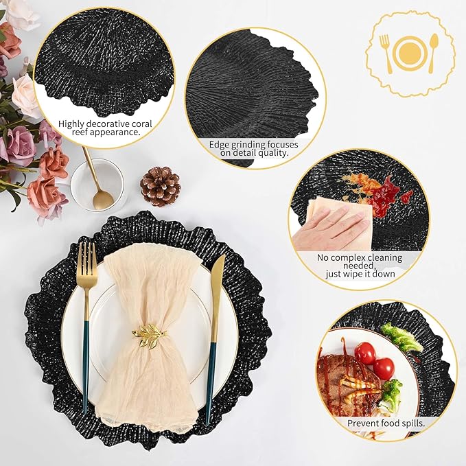 Pesonlook 100Pcs Black Charger Plates Round 13inch, Reef Plate Chargers for Dinner, Bulk Plastic Floral Table Charger Plates for Dinner Wedding Party Event Table Setting Decoration(Black)