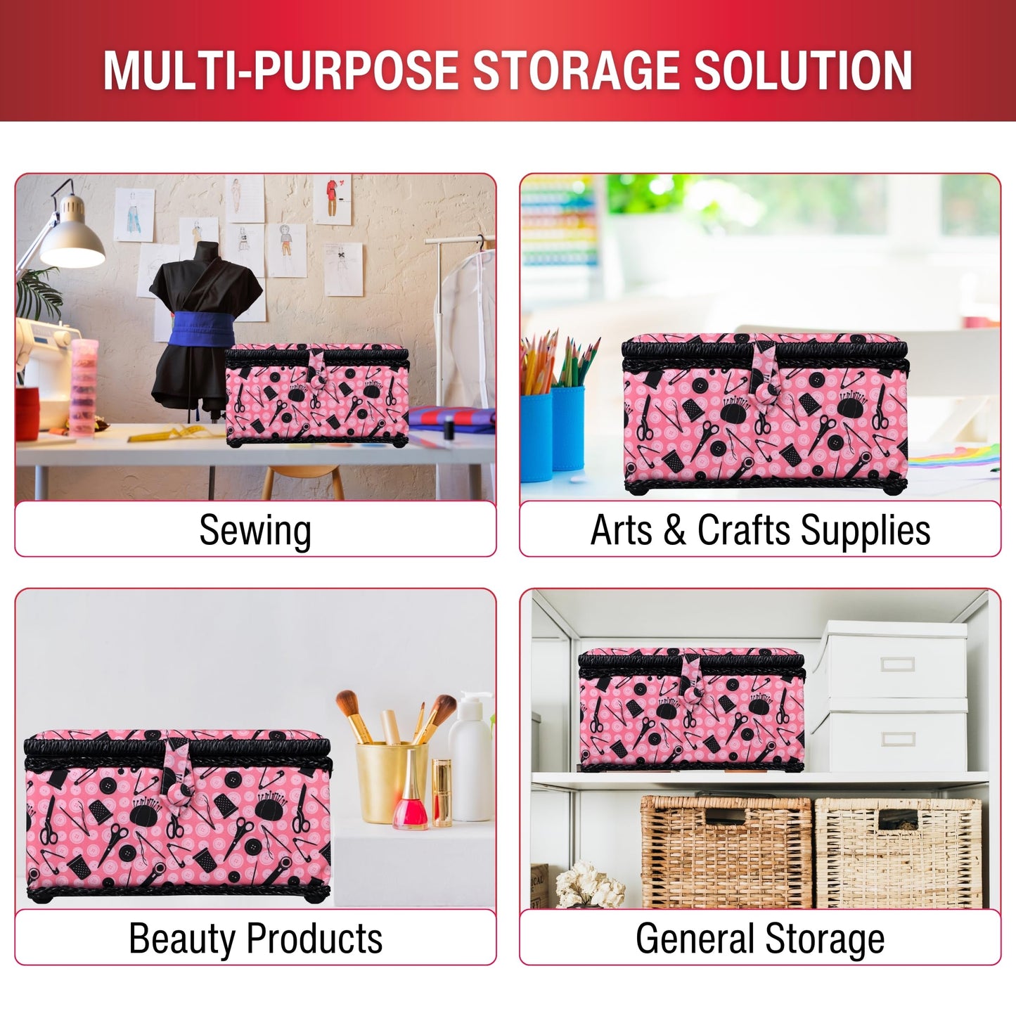SINGER 07276 Sewing Basket with Sewing Kit Accessories, Pink & Black,