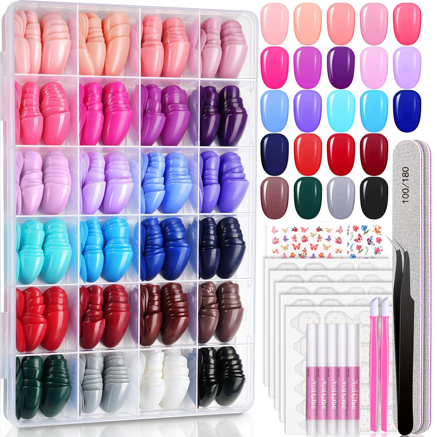 24 Colors Press On Nails, TsMADDTs 720 pcs Short Oval Press On Nails with Glue, File, Tabs, Stickers and Tweezer for Home Manicure or Salon