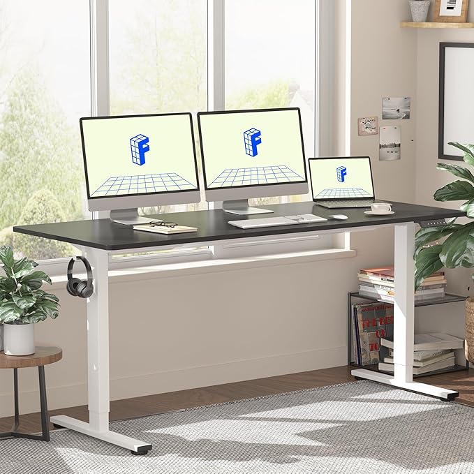FLEXISPOT EN1 One-Piece Standing Desk, 60 x 24 Inches Large Height Adjustable Desk, Electric Sit Stand Desk Home Office Table Computer Workstation (White Frame + Black Desktop, 2 Packages)