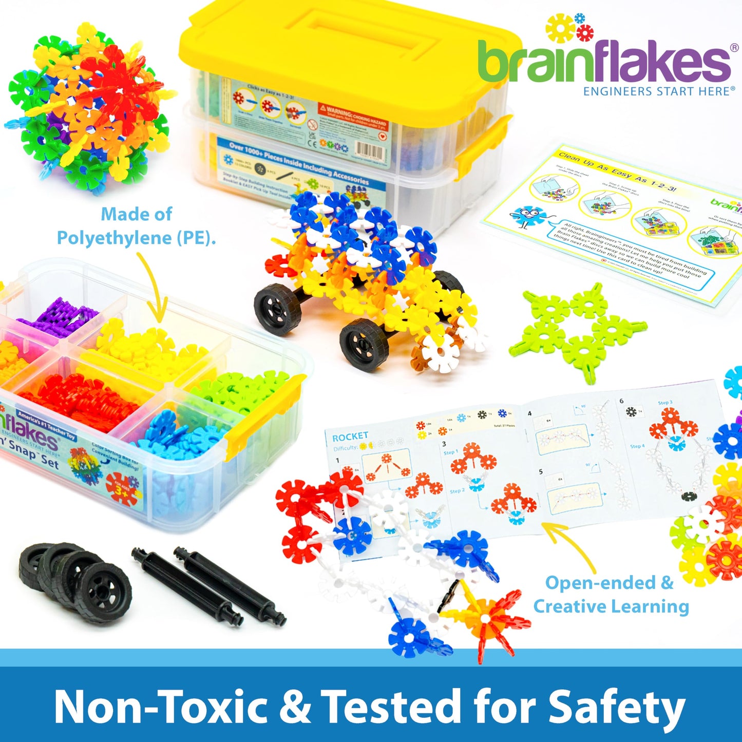 Brain Flakes 1000 Piece Sort ‘n’ Snap Set - Wheel Pieces and Special Parts Included - A Great Stem Toy for Both Boys and Girls