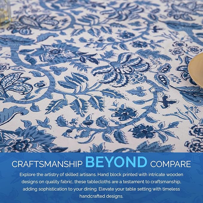 Labhanshi Indian Handblock Print Table Cloth|Ethnic Rectangle 72x108 Inch Floral Cotton 8-Seater Spring Easter Table Cover for Kitchen Dining Table Buffet Outdoor Tea Parties and Camping|Blue