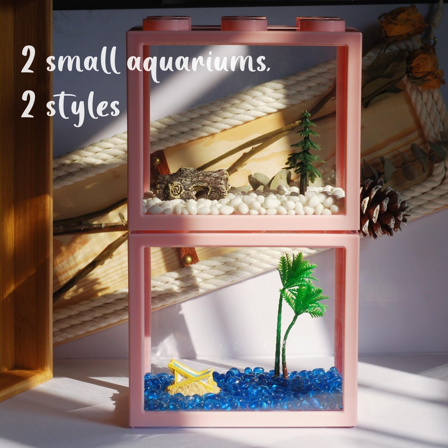 2 Pack Sea Monkey Fish Tank, Mini Betta Fish Tank Stackable Aquarium Tank Kit with Aquarium Gravel & Micro Landscape, 0.6 Gallon Acrylic Fish Bowl Tiny Shrimp Tank for Baby Fish Crab Moss Ball