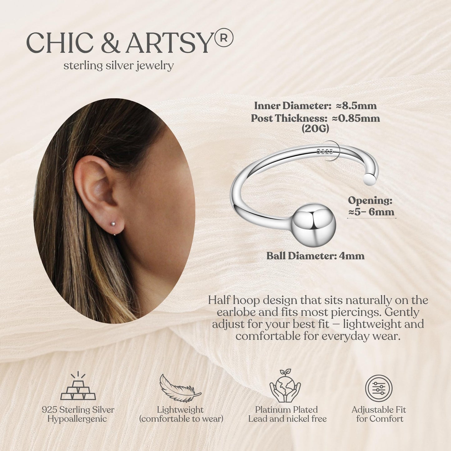 4mm Half Hoop Earrings 925 Sterling Silver Tiny Ball Hoop Earrings Unisex