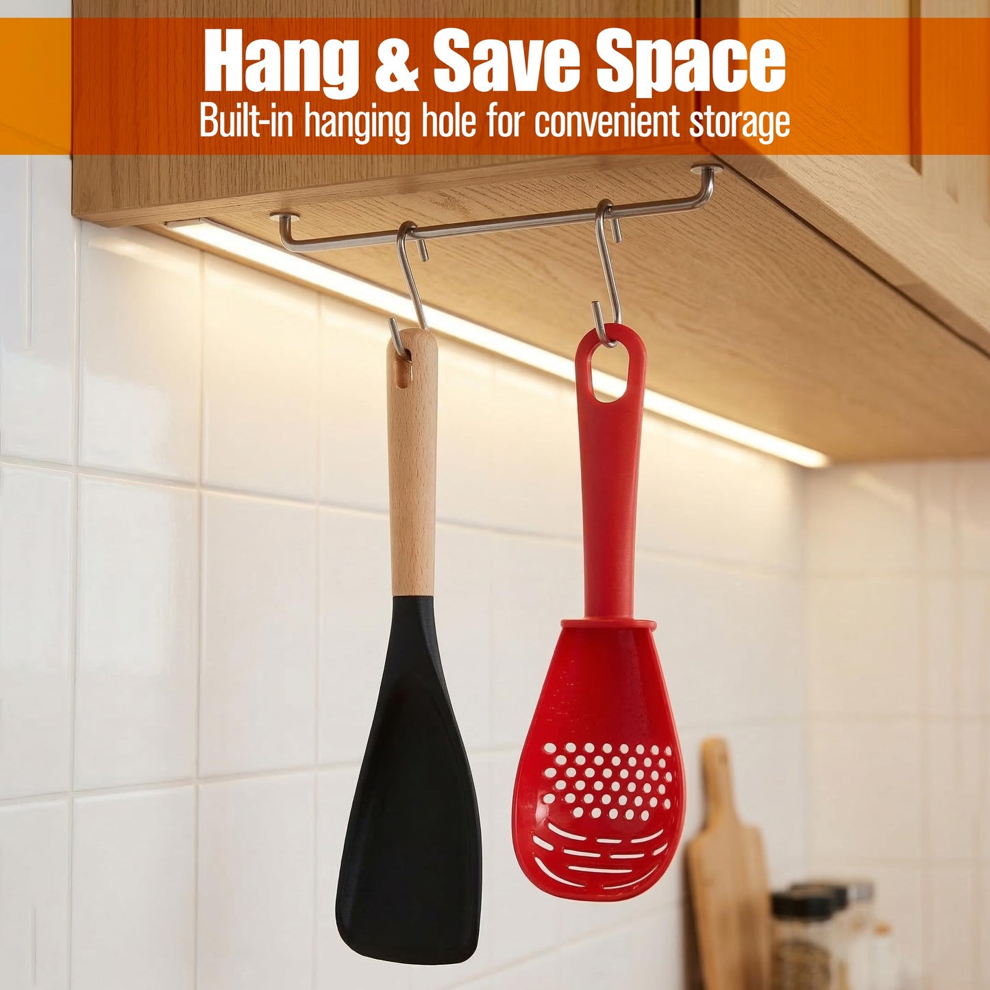 2 Pieces Multi Function Spoon Spatula Set, Multifunctional Kitchen Utensils, 6 in 1 Silicone Slotted Spoonula with Wood Handle, Non Stick Scratch Heat Resistant Design Cookware for Serving & Stirring