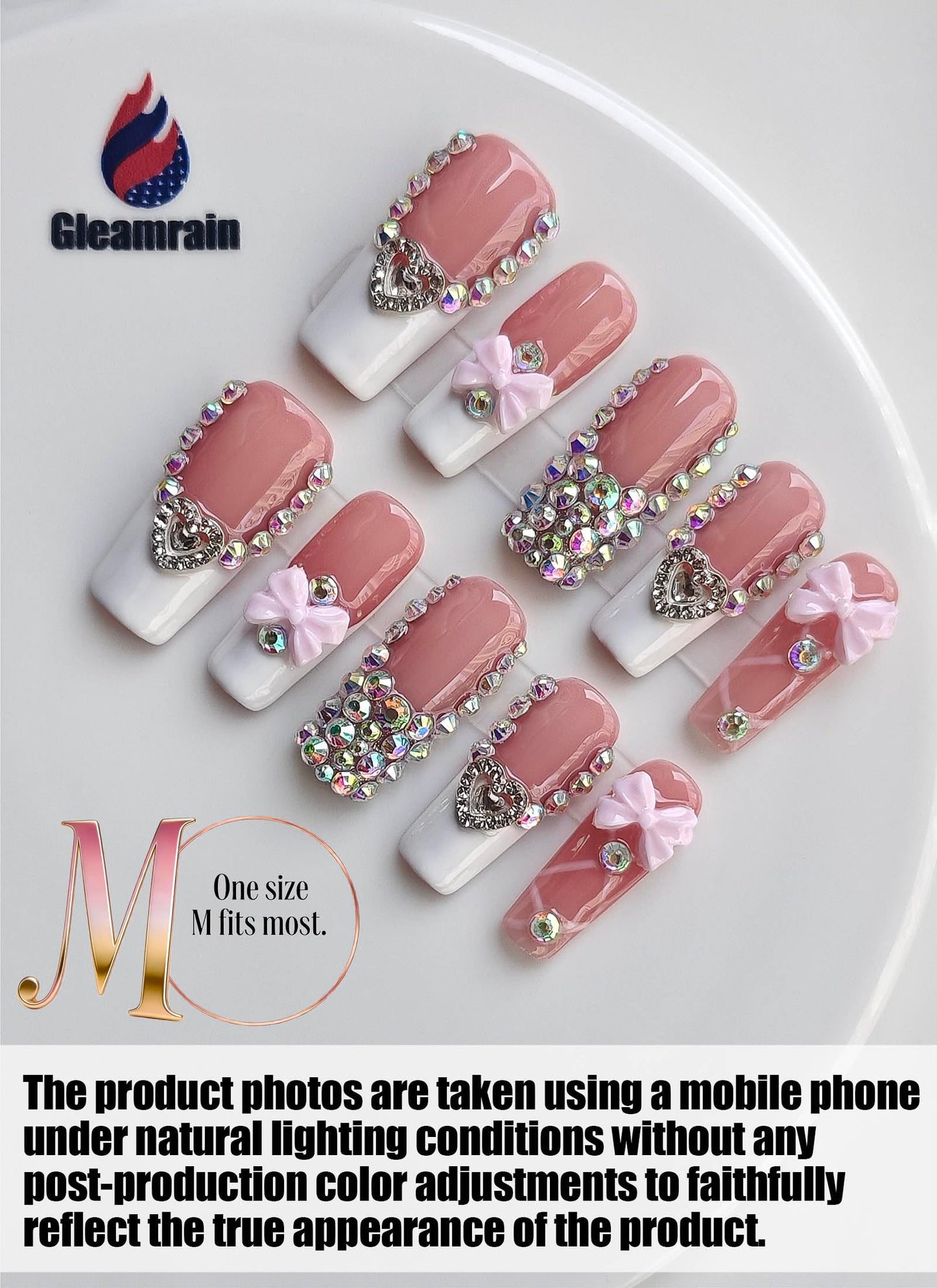 Gleamrain 10pcs Handmade Long Press-on Nails Coffin Shape (M Size) with 3D bow Designs Rhinestones Press on False Nail for Women Suitable for Parties or Daily Wear, D102