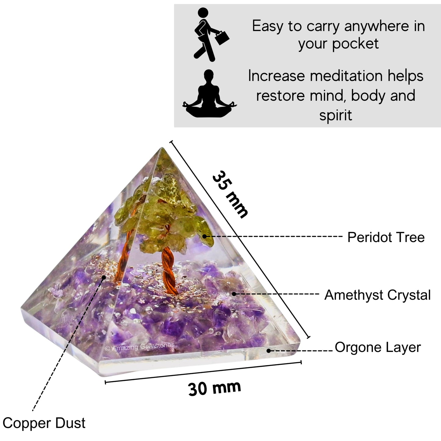 Amazing Gemstone Amethyst with Peridot Tree Orgone Pyramid - 30mm Small Orgonite Pyramids with Crystals and Healing Stones - Authentic Organite Gifts