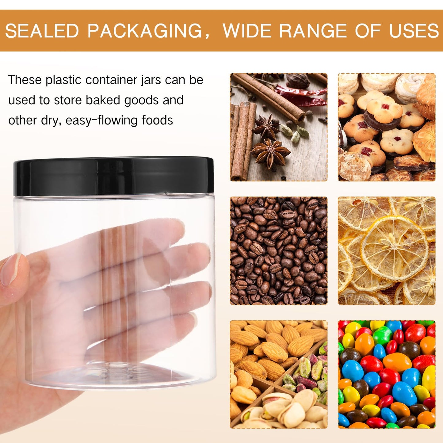 SATINIOR 12 Pack 16 oz Plastic Container Jars with Lids Round Clear Travel Cosmetic Container Slime Jars for Toiletries, Lotion, Cream, Ointments, Makeup, Rhinestone, Samples, Kitchen Storage(Black)