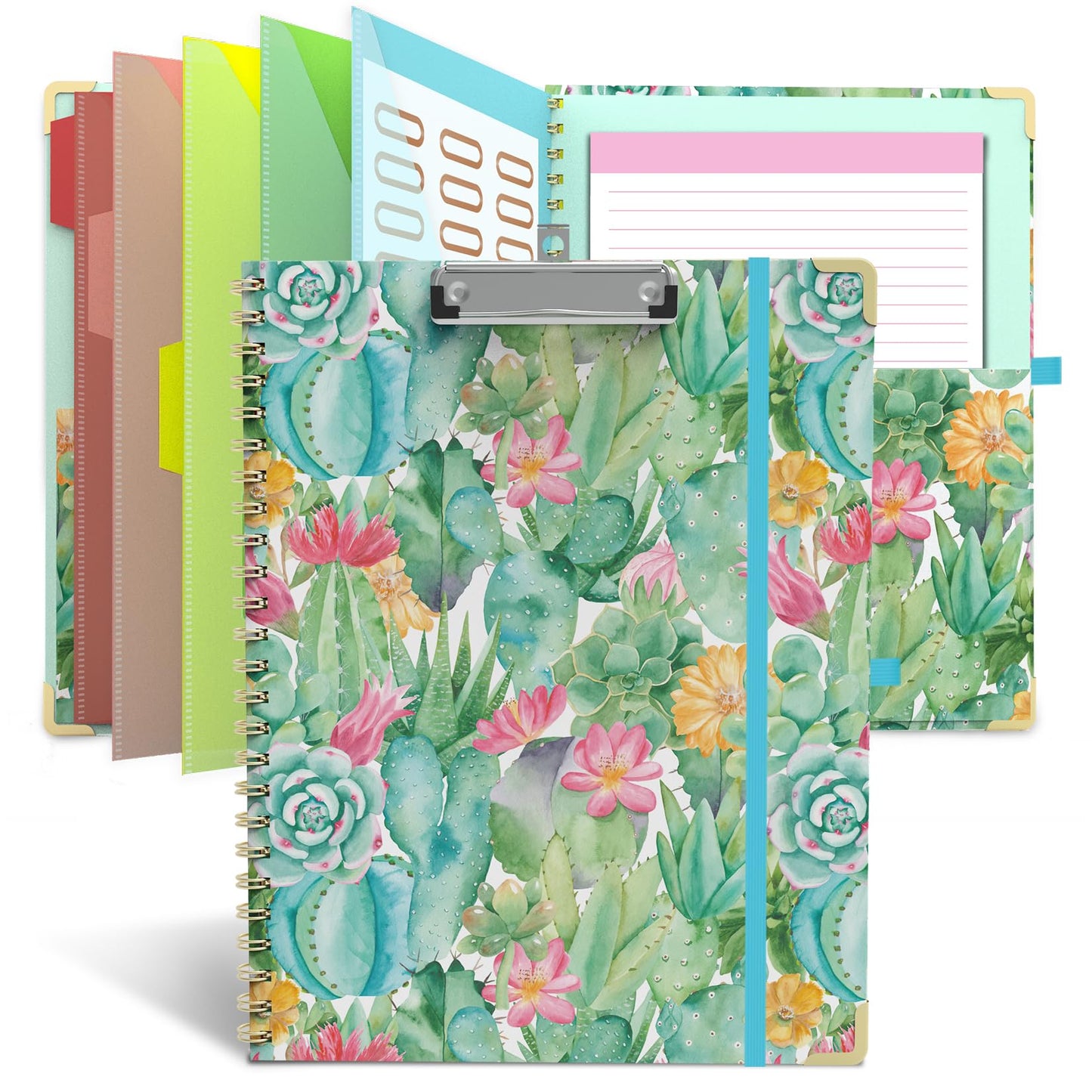 Clipboard Folder with Notepad Refillable Lined for Letter Size (11" x 8.5"), 5 Dividers with Storage 10 Pockets, Cute Spiral Foldable Clipboard with Metal Clip School Office Supplies(Cactus Flowers)