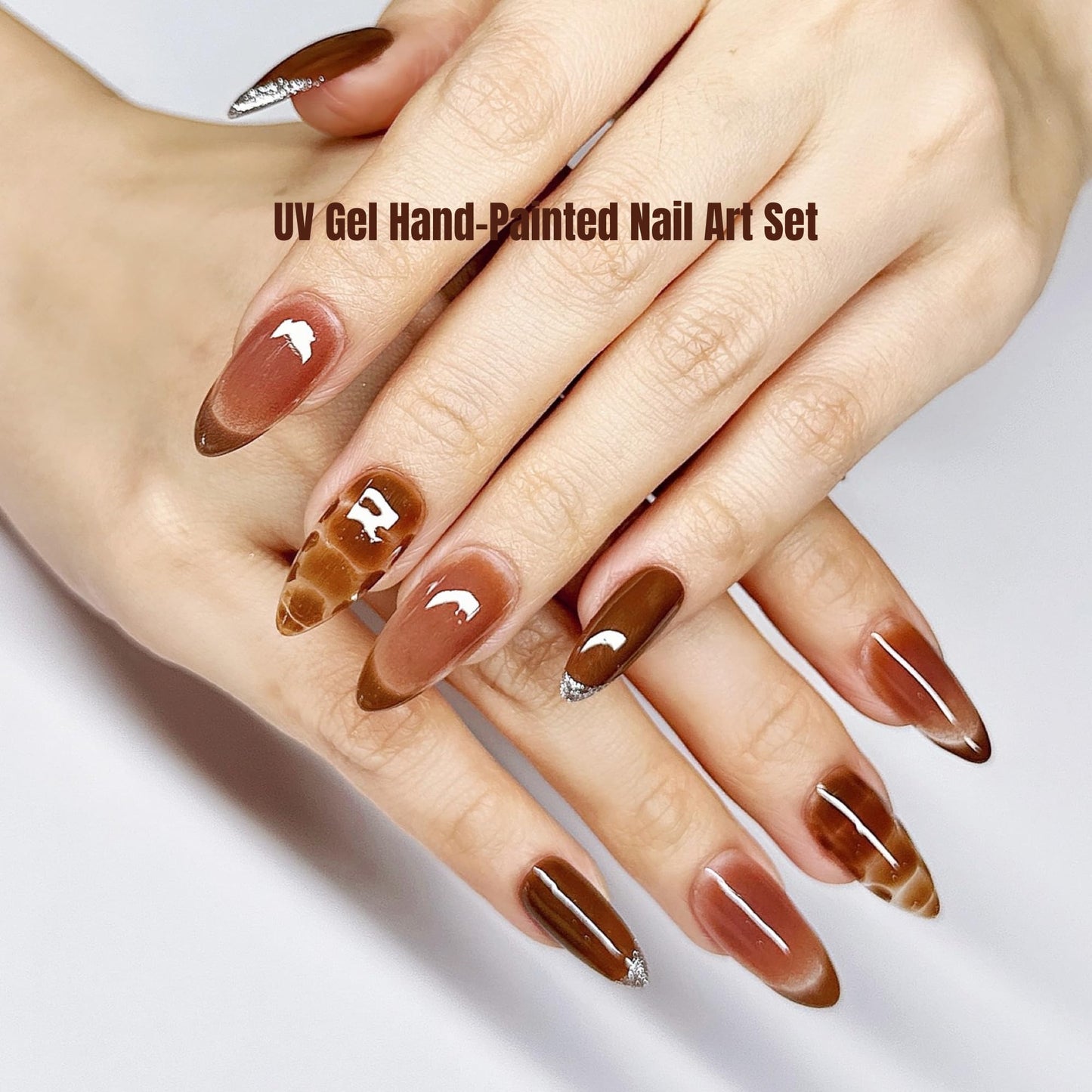 Sunruby Press On Nails Medium Almond Brown Cafe with Silver Glitter French Tip & More| Reusable Soft Gel Nails in 15 Sizes -30 Nail Kit with Glue | Designed in L.A, Handmade in Vietnam | Espresso Chic