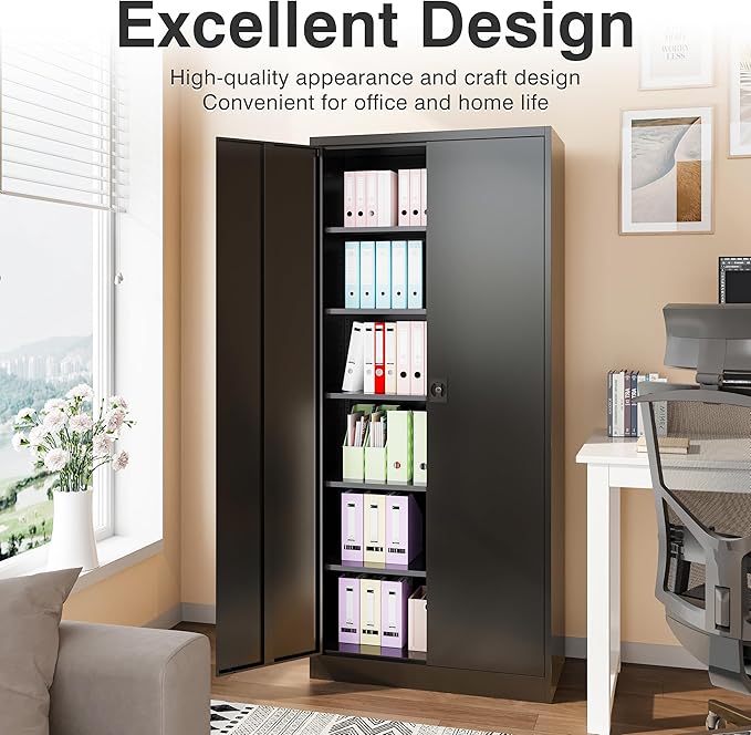 SISESOL Metal Storage Cabinet with 2 Doors and 6 Shelves,71" Lockable Garage Storage Cabinet,Black Metal Cabinets with Lock,Locking Steel Cabinets for Home,Office,Garage,Shop,School