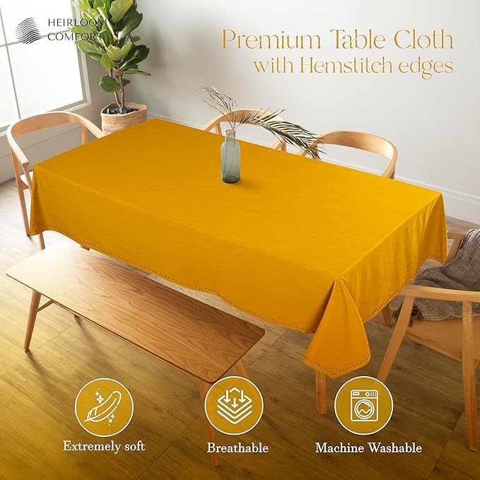 Mustard Yellow Cotton Table Cover, 60x102 Inch, Fits 8-10 Seats, Soft, Durable, Washable, Wrinkle Resistant, Rectangle Table Cloth for Summer Gatherings, Festive Meals, Dining Decor